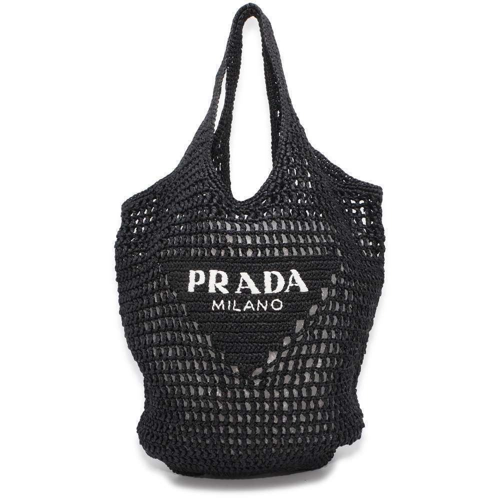 Prada Tote Bag Logo Raffia Basket Black White